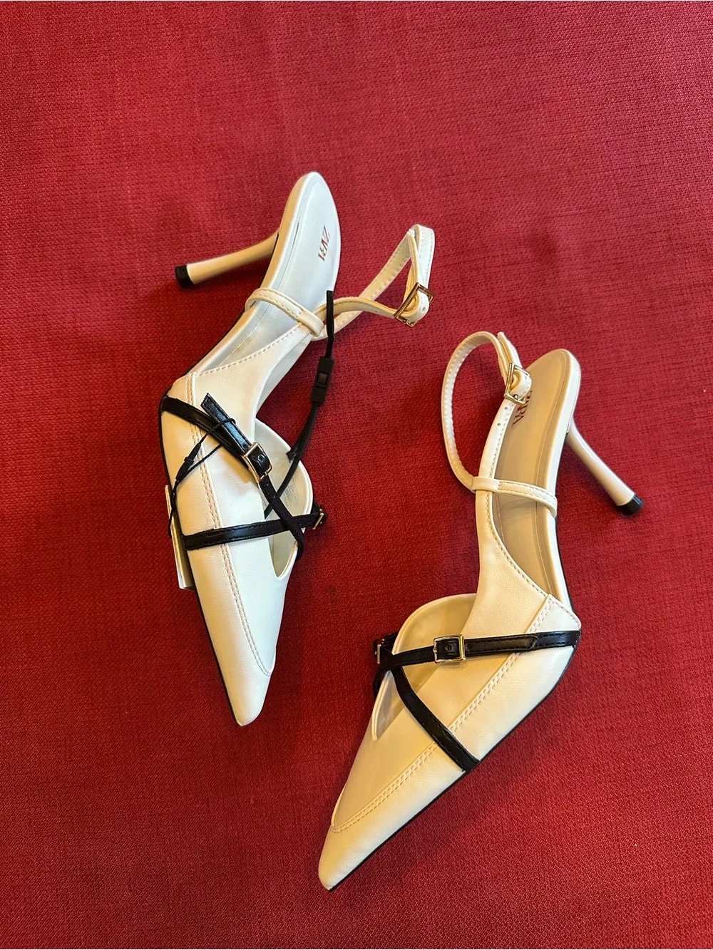Zara Cream and Black Pointed Slingback Pumps with Buckle Strap NWT 7.5